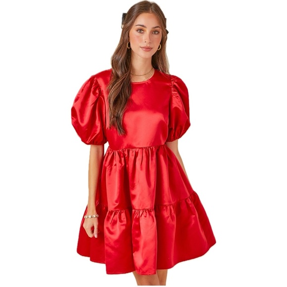 Satin Tiered Puff Sleeve Mini Dress Red - Picture 2 of 6